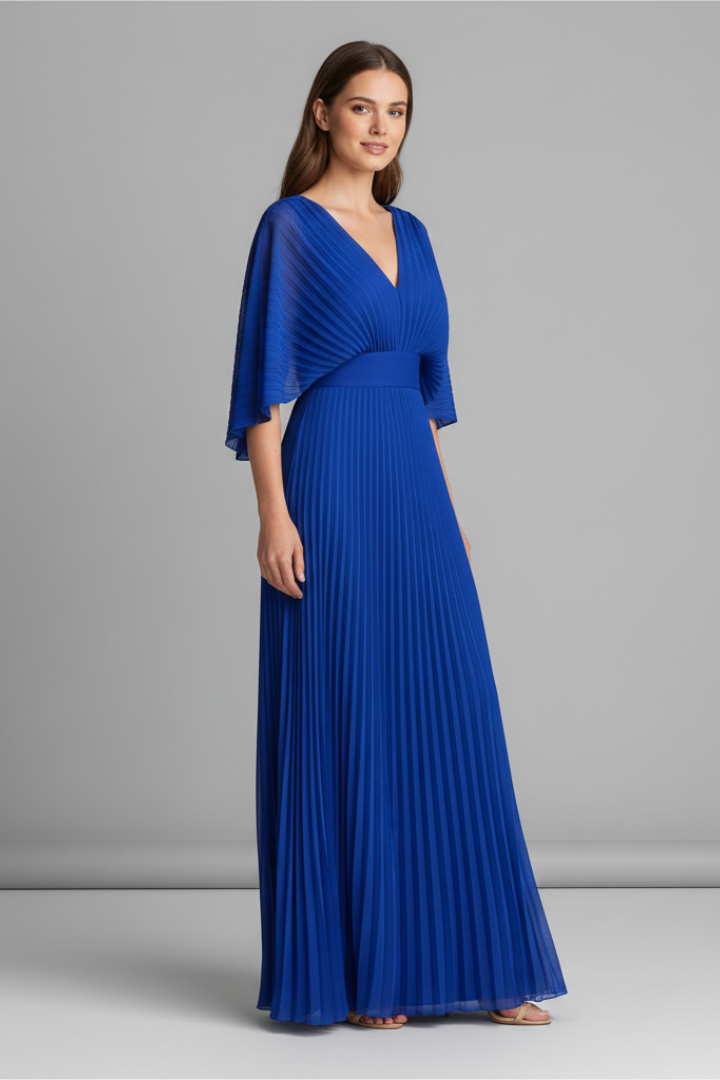 Stylish women's long sleeve V-neck maxi dress. Features elegant pleats & a flattering silhouette for fashion.