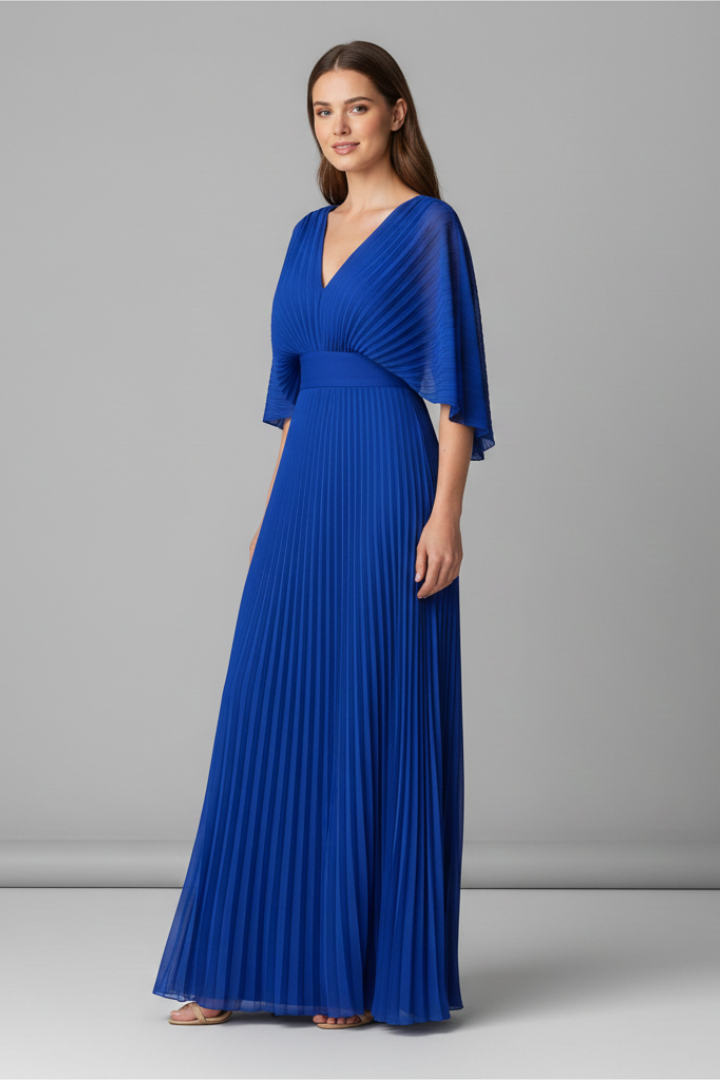 Comfortable women's elegant V-neck pleated maxi dress. Flowy fabric & flattering design for modern women.