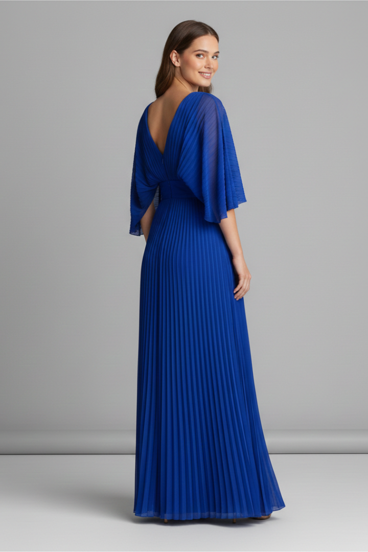 Beautiful V-neck pleated maxi dress, ideal for women's special occasions. Elegant long sleeve flowy design.