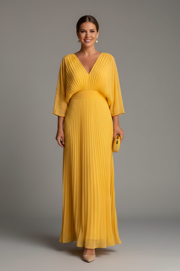 Women's V-neck maxi dress with elegant pleats & long sleeves. Flowy design offers a flattering & stylish look.