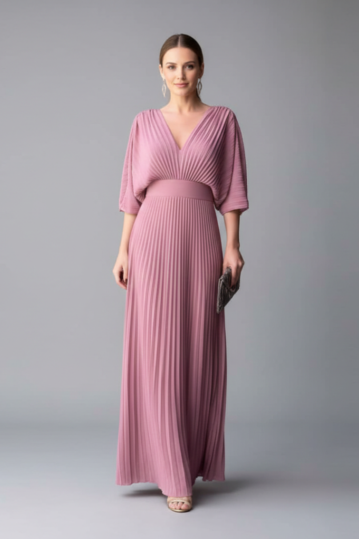 Flattering A-line V-neck pleated maxi dress for women. Elegant long sleeve flowy design, perfect for any event.