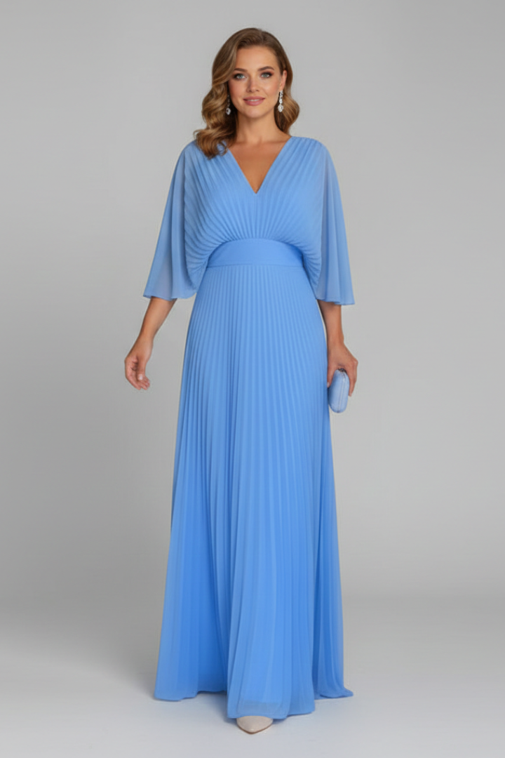 Elegant women's V-neck pleated maxi dress, featuring a flowy drape and long sleeves for a flattering silhouette.
