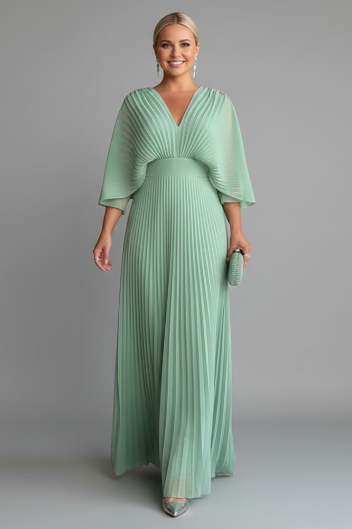 Women's elegant V-neck pleated long sleeve maxi dress. Flowy & flattering design for stylish everyday or events.