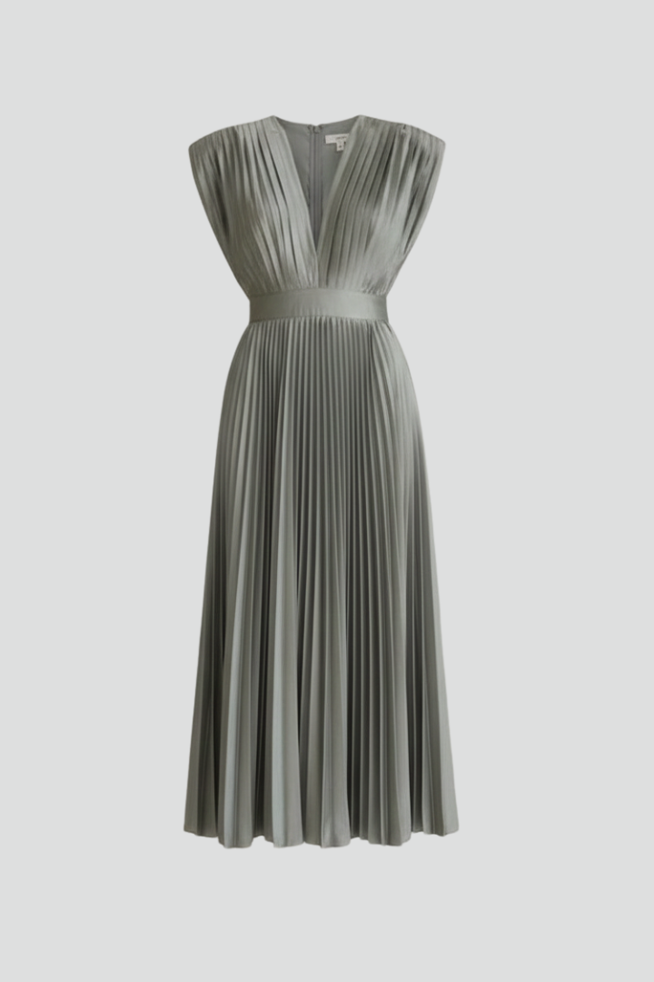 Elegant women's V-neck pleated midi dress, perfect for summer parties. Feminine sleeveless design.