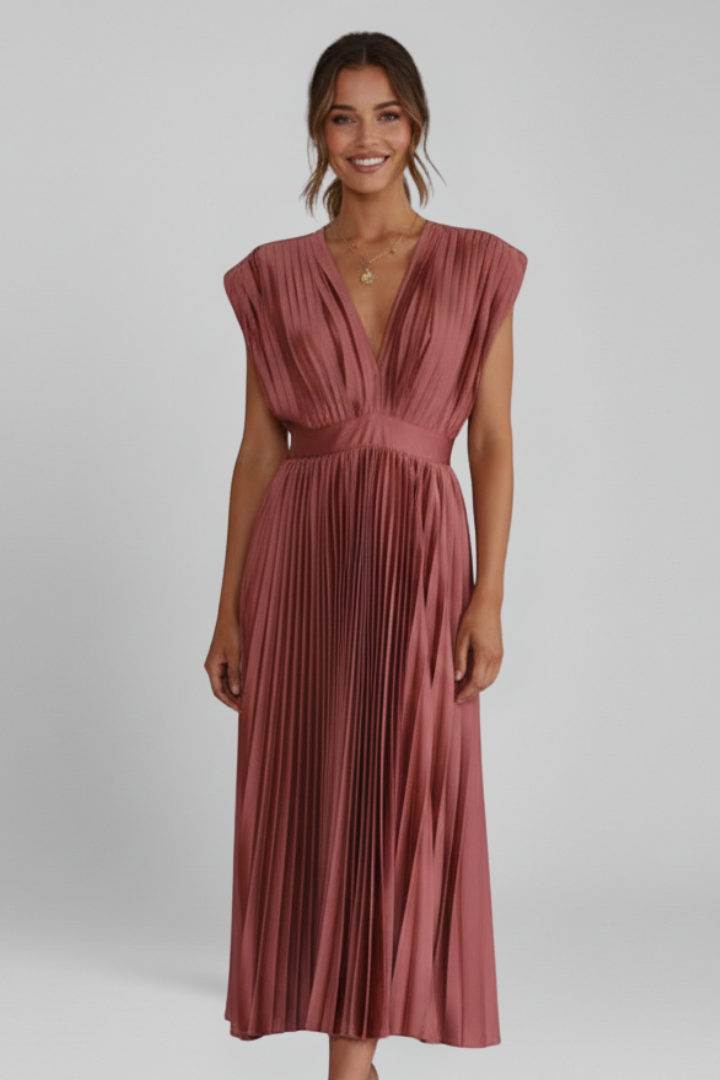 Stylish women's party midi dress featuring an elegant V-neck and pleats, below knee length, perfect for summer.