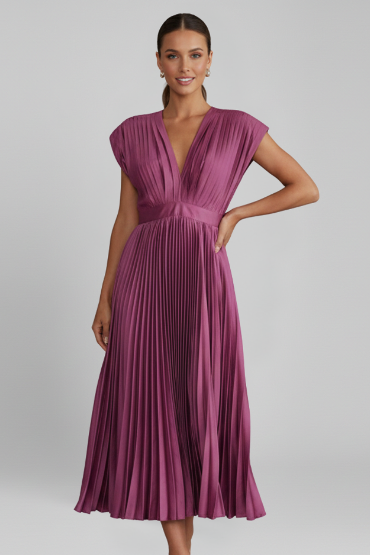 Feminine sleeveless V-neck midi dress for women, with soft pleats creating an elegant, flowing silhouette.