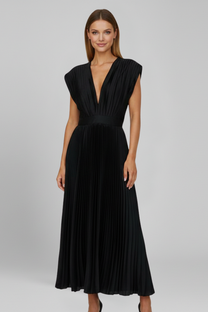 Women's elegant V-neck pleated midi dress, sleeveless, below knee length. A versatile summer fashion essential.