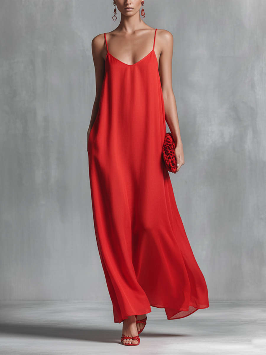 Elegant women's V-neck spaghetti strap maxi dress, flowy A-line design, perfect for summer casual or dressy occasions.
