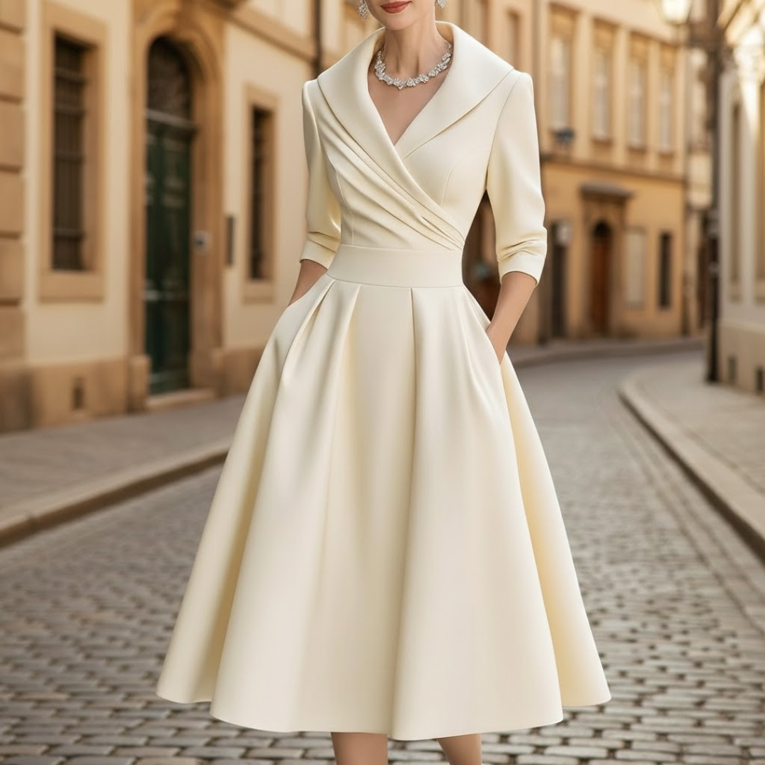 Elegant women's V-neck three-quarter sleeve midi dress with flared skirt, perfect for occasion wear or versatile style.