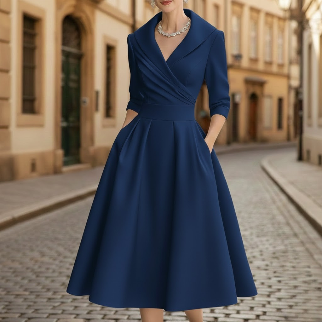Stylish navy V-neck three-quarter sleeve midi dress for women, offering a modest yet elegant look for casual or formal events.