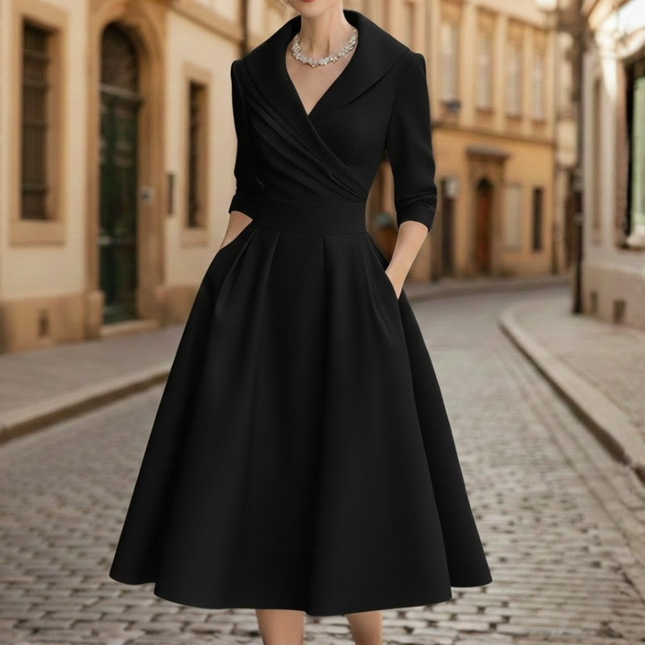 Chic burgundy V-neck three-quarter sleeve women's midi dress, a versatile and elegant choice for various occasions and styles.