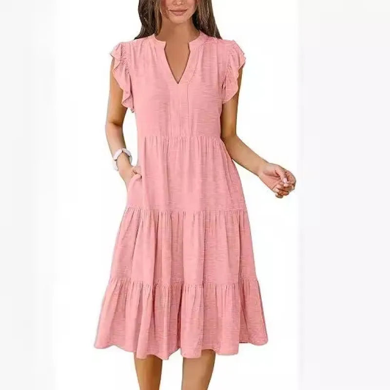Flowy women's summer midi dress, V-neck, tiered design & flutter sleeves. Perfect for casual or party.