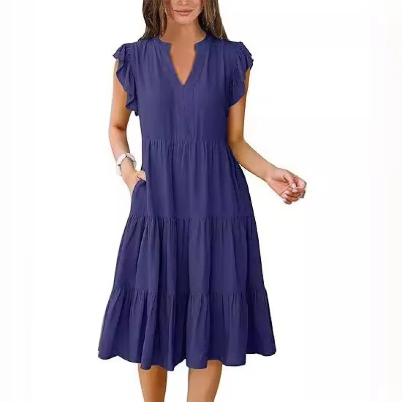 Comfortable women's V-neck midi dress, tiered design, flutter sleeves. Versatile for casual & elegant wear.