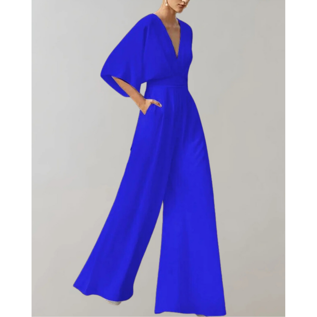 Chic women's wide leg V-neck jumpsuit. A stylish flowy one-piece outfit, ideal for formal events & evening parties.