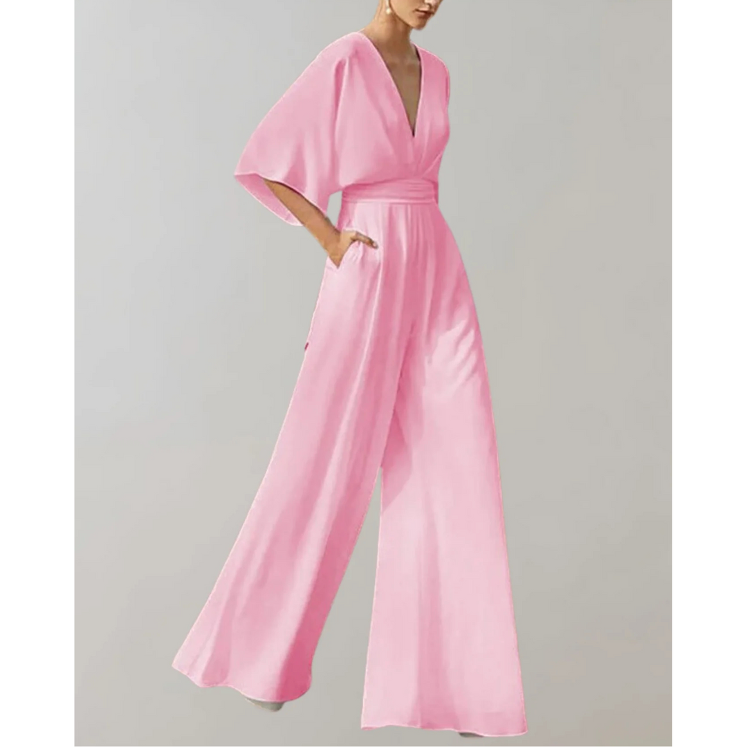 Classic women's wide leg V-neck jumpsuit. An elegant flowy one-piece, perfect for formal dinners and evening parties.