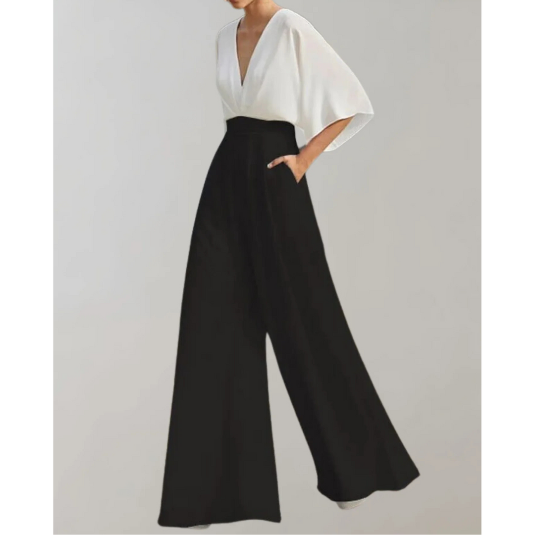 Modern women's elegant V-neck wide leg jumpsuit. Flowy formal one-piece, perfect for evening parties & chic events.