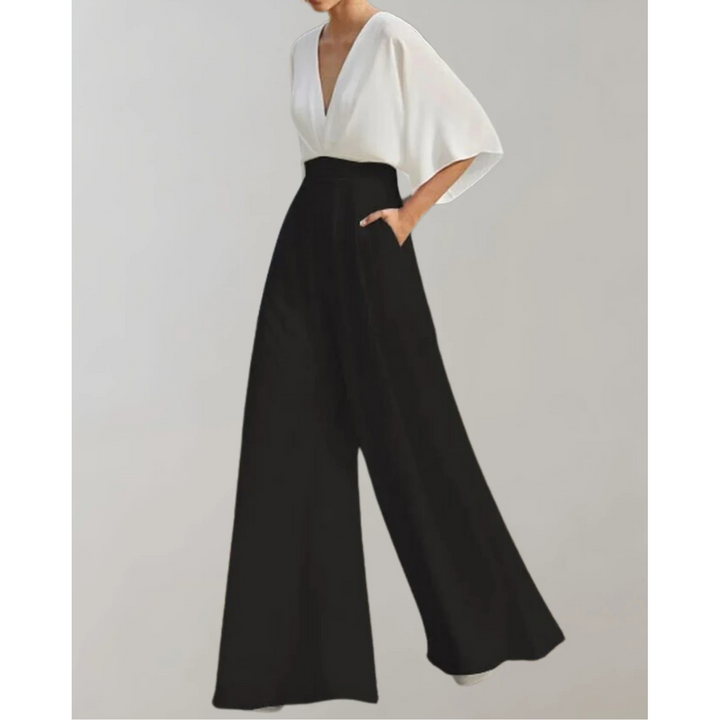 Modern women's elegant V-neck wide leg jumpsuit. Flowy formal one-piece, perfect for evening parties & chic events.