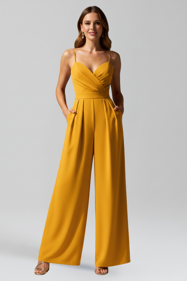 Modern women's wide leg V-neck jumpsuit. Elegant sleeveless design for stylish summer casual wear.