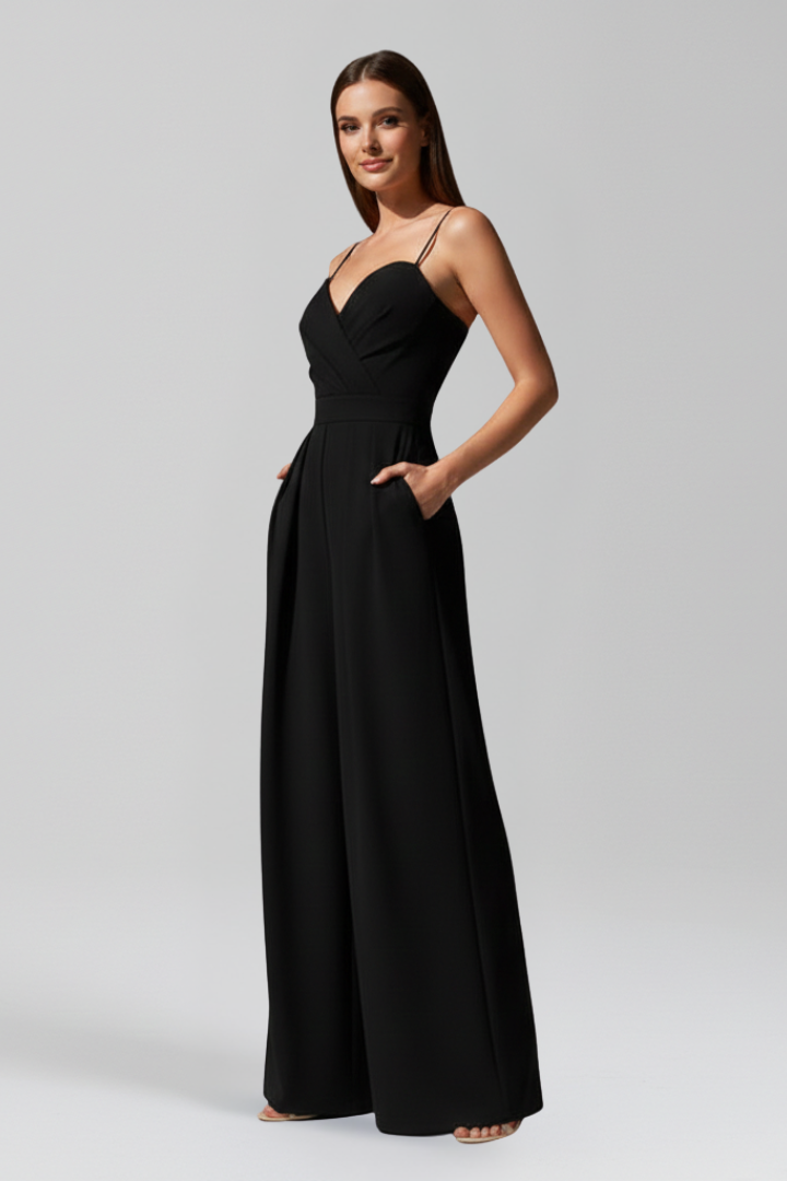 Pink V-neck wide leg jumpsuit for women. Comfortable & elegant sleeveless summer fashion.