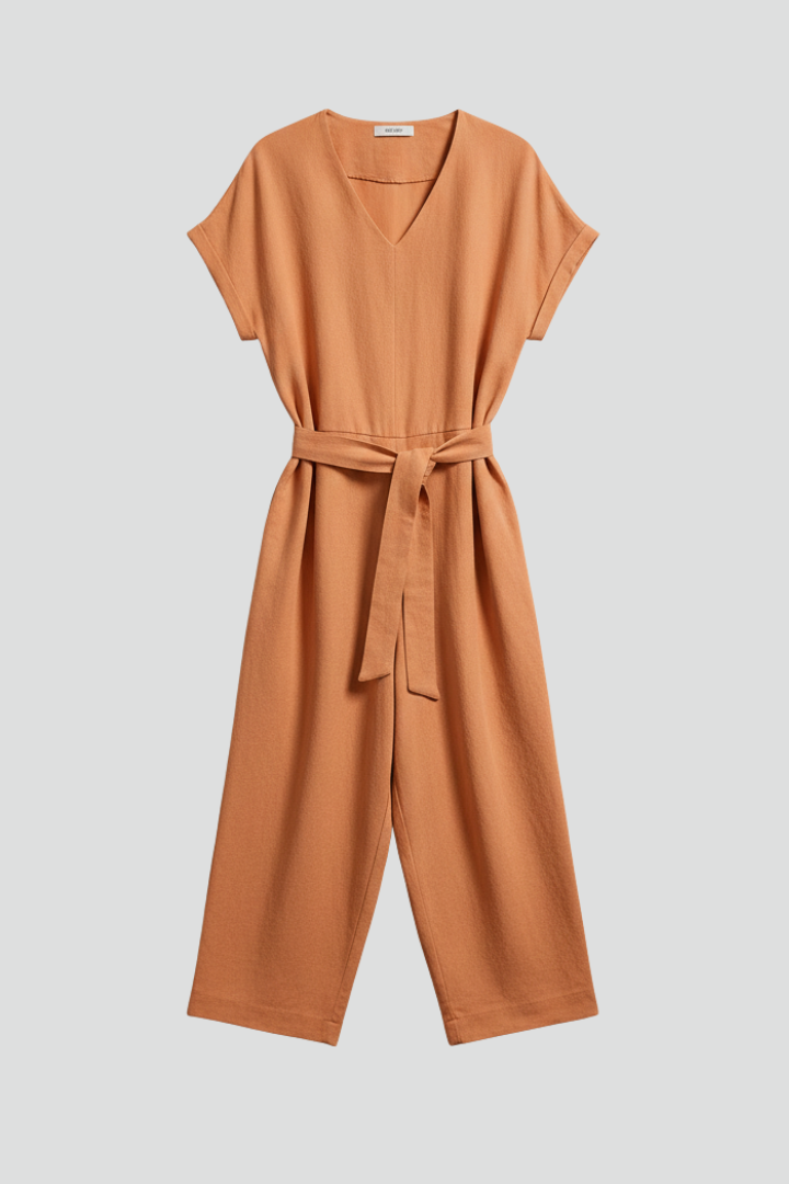 Elegant women's V-neck wide-leg jumpsuit with a flattering waist tie, perfect for chic style.