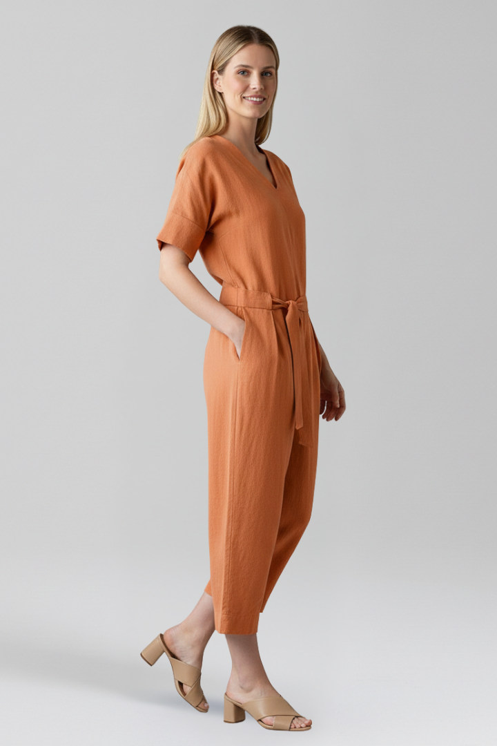 Versatile women's elegant V-neck jumpsuit, ideal for casual fashion or sophisticated modern outfits.