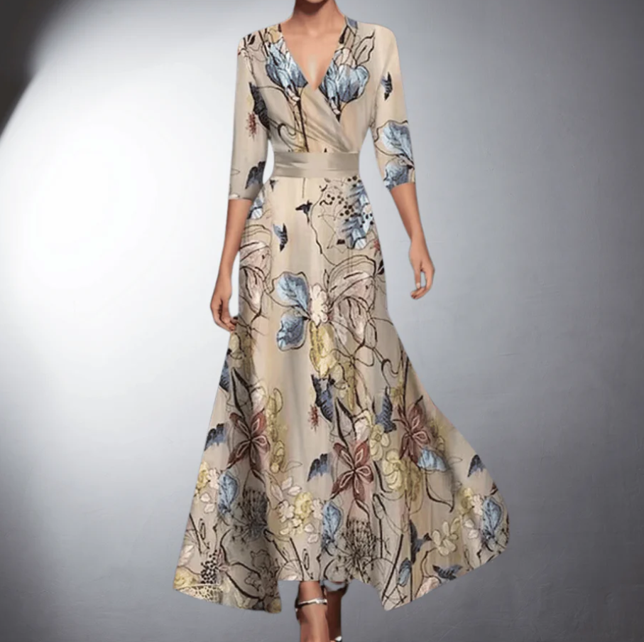 Elegant women's V-neck wrap maxi dress in khaki. Features three-quarter sleeves & a flattering flared skirt, perfect for summer/spring.