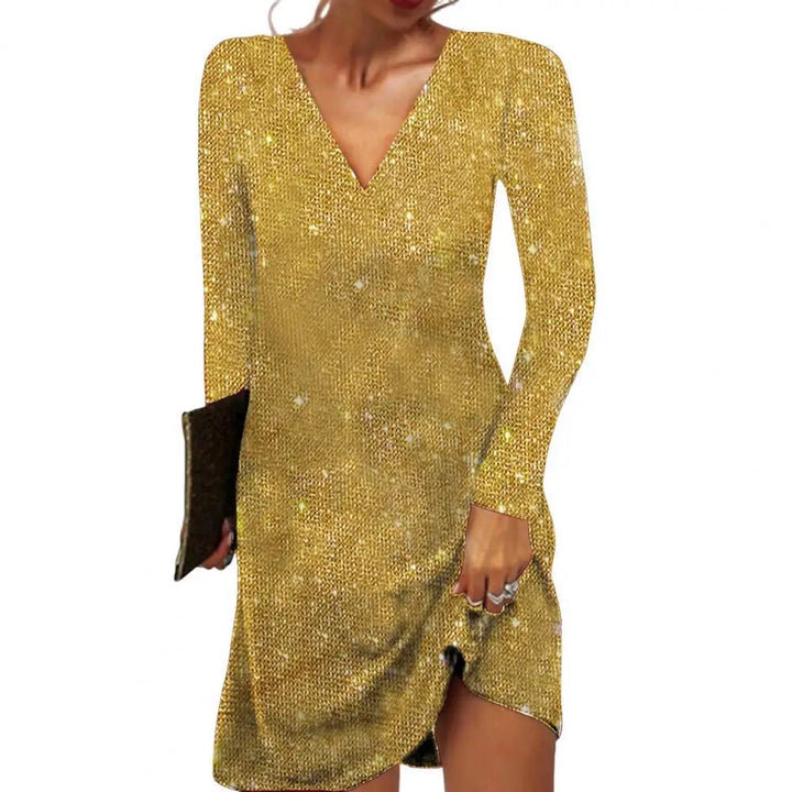 Elegant women's V-neck wrap midi dress in a flowing fabric, perfect for versatile styling