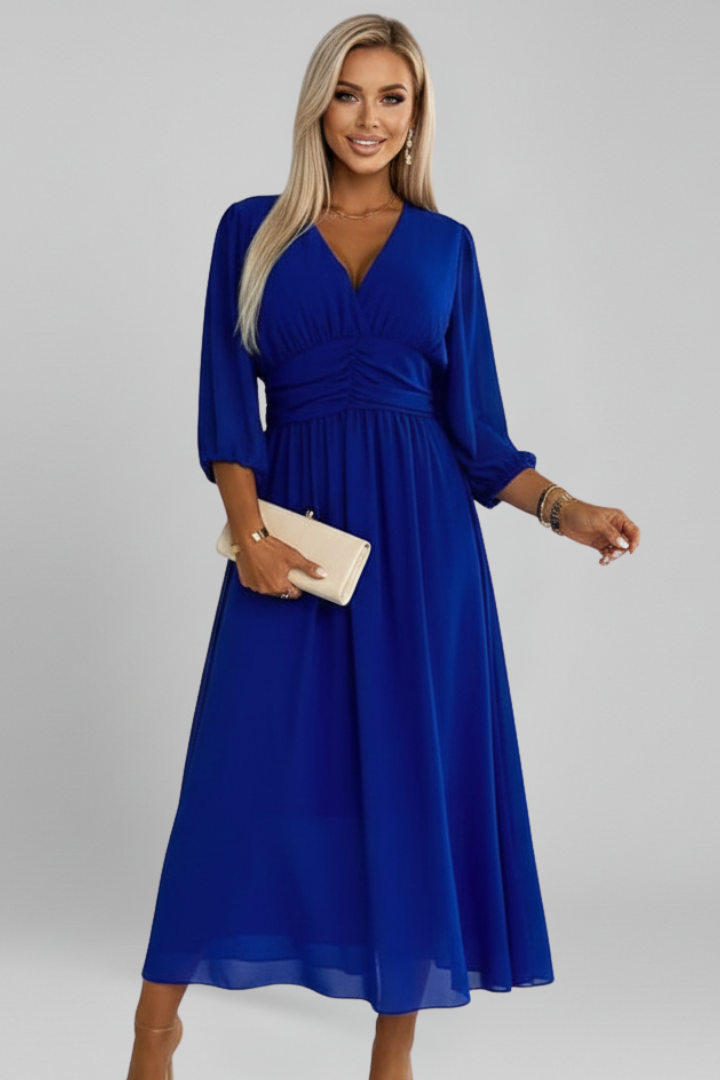 Sophisticated long sleeve V-neck wrap midi dress for women, ideal for day-to-night elegance and comfort.