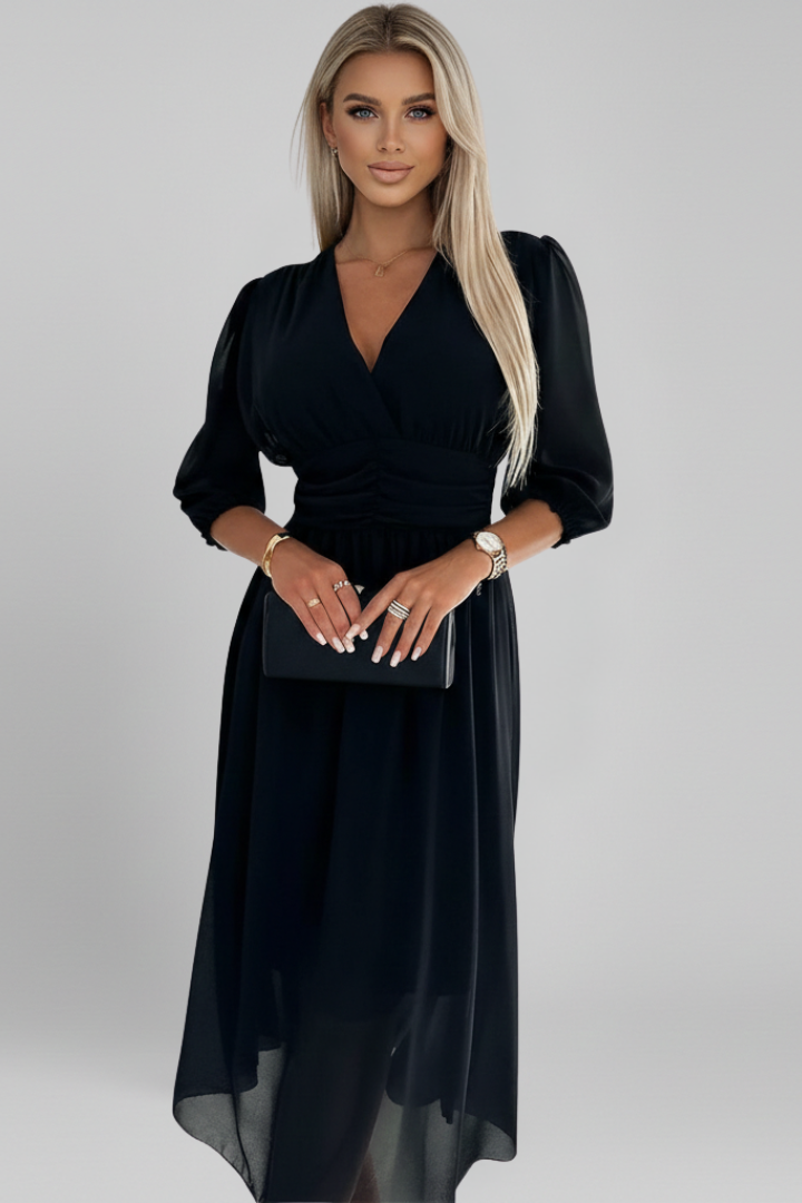 Versatile women's V-neck wrap midi dress with long sleeves, perfect for sophisticated day-to-night styling.