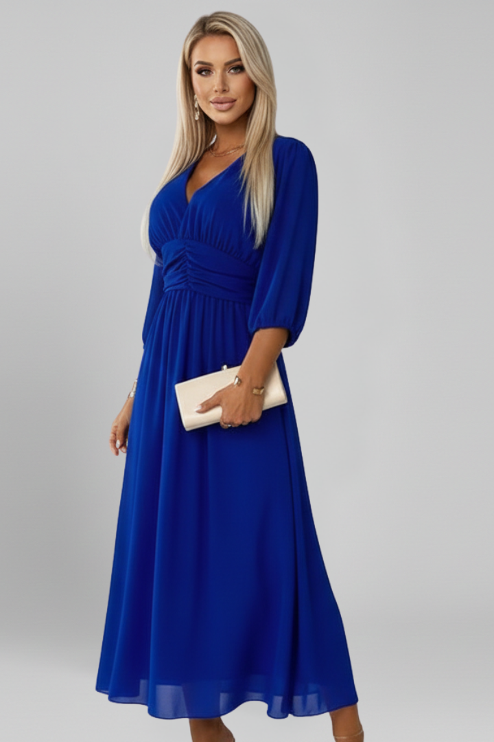 Stylish women's midi wrap dress with a V-neck and long sleeves, designed for an elegant and comfortable fit.