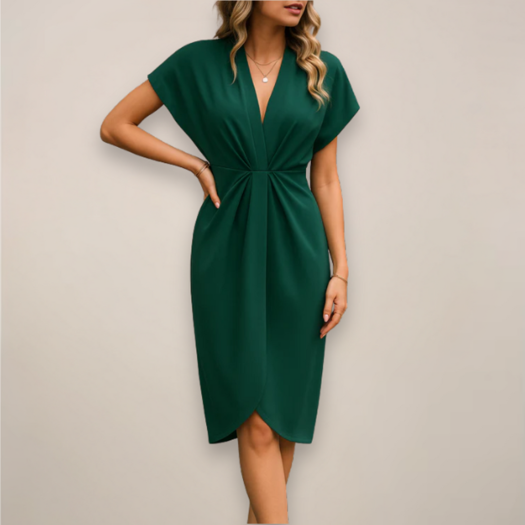 Flowy V-neck wrap midi dress for women, ideal casual summer wear, day-to-night versatility.