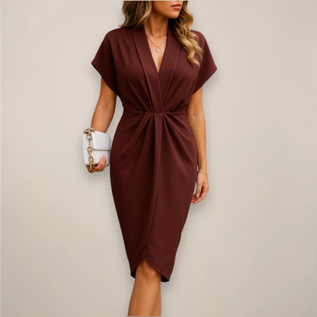 Comfortable women's V-neck wrap summer dress, elegant midi length, suitable for everyday.