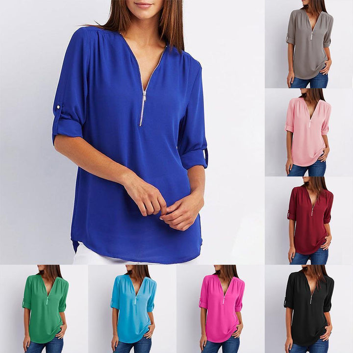 Elegant women's V-neck zipper patchwork blouse in chiffon for casual summer wear