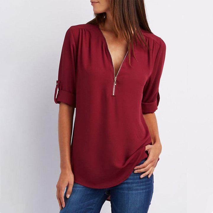 Fashionable women's autumn V-neck zipper blouse with contrasting patchwork elements