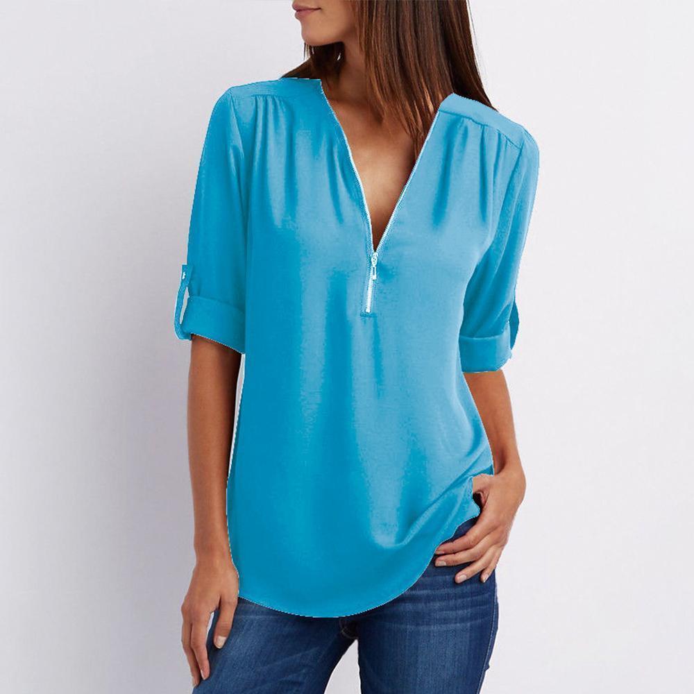 Versatile women's casual wear: V-neck zipper blouse with attractive patchwork for any season
