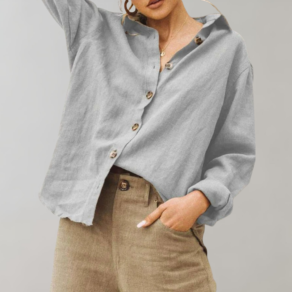 Relaxed fit women's collared vintage top, a stylish long-sleeve button-down for spring & fall fashion.