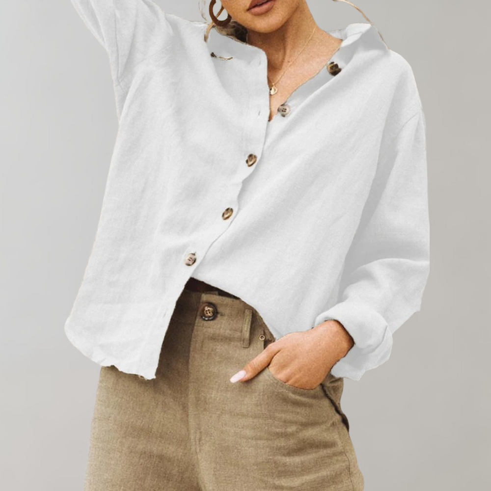 Long-sleeve women's elegant vintage button-down top, a versatile collared blouse for chic everyday style.