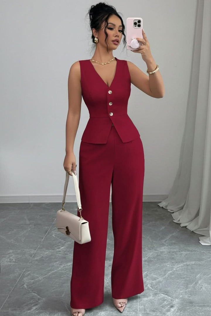 Chic women's two-piece waistcoat and wide-leg pant set, ideal for modern office, event, or elegant summer style.