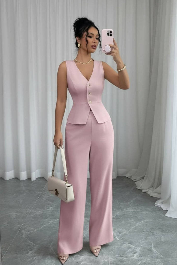 Tailored women's waistcoat and flowy wide-leg pants set, a comfortable yet elegant two-piece for business or summer events.