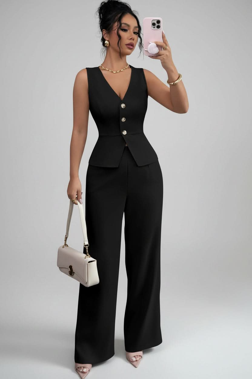 Stylish women's waistcoat & wide-leg pant set, a versatile and elegant business casual outfit for office and events.