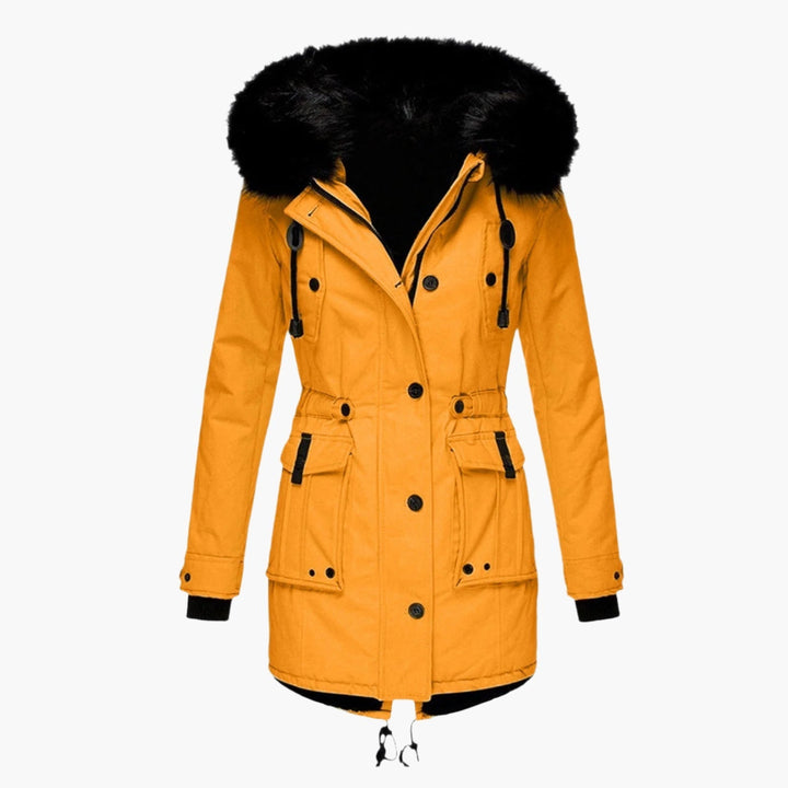 Elegant women's warm hooded winter coat with faux fur trim, perfect for cold weather.
