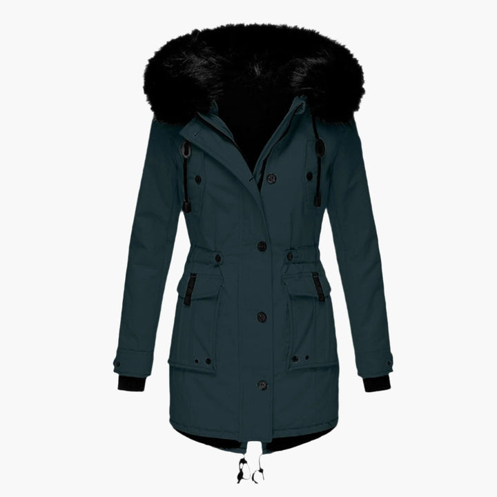 Back view of the women's hooded winter coat, showcasing its elegant design and warmth.