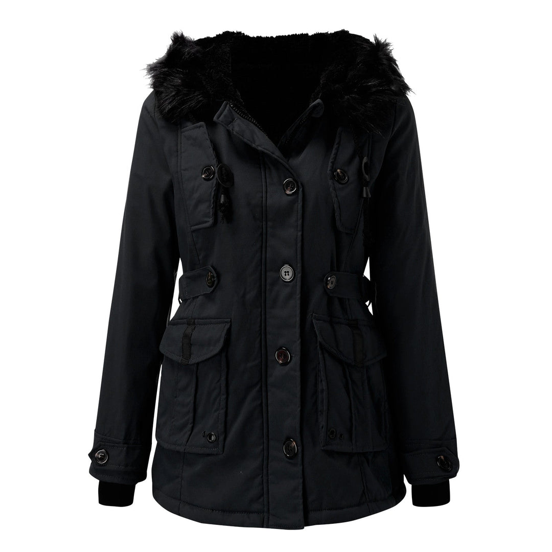 Stylish women's hooded winter coat, an essential warm jacket for an elegant winter look.