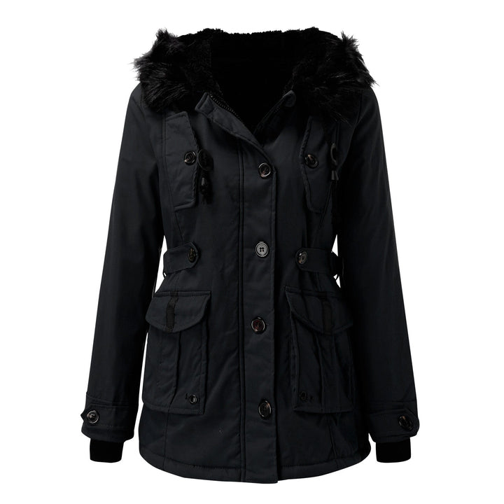 Stylish women's hooded winter coat, an essential warm jacket for an elegant winter look.