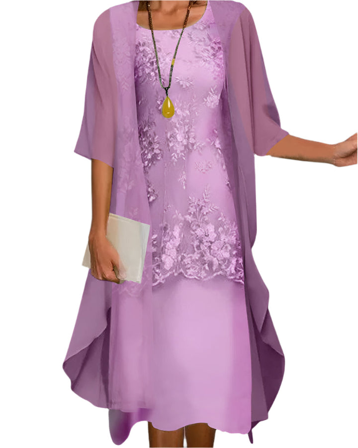 Stylish women's midi formal dress with delicate sheer sleeves, ideal for wedding guests & evening wear.