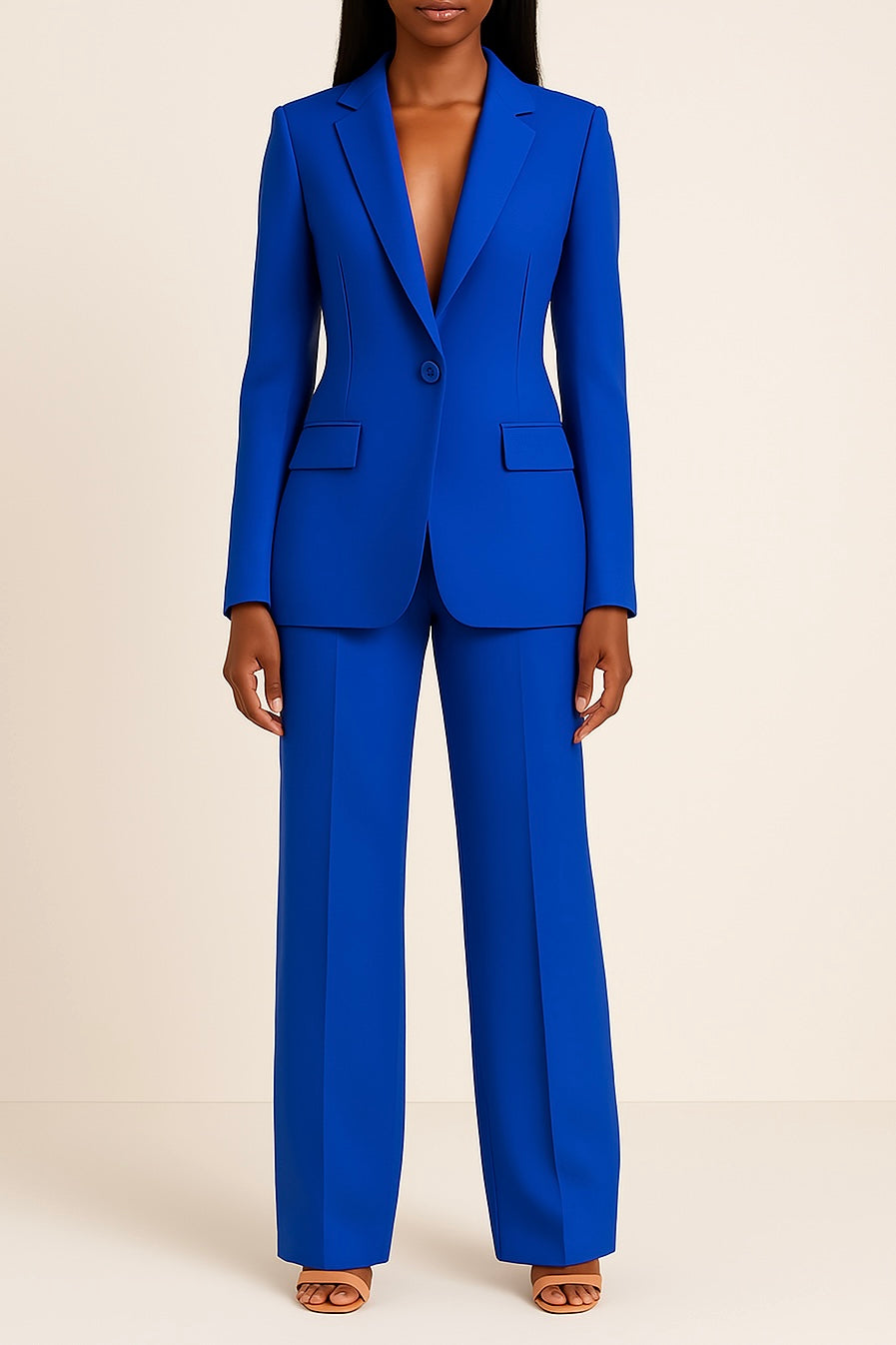 Stylish navy blue women's formal suit set, including a long-sleeve blazer and comfortable tailored trousers.