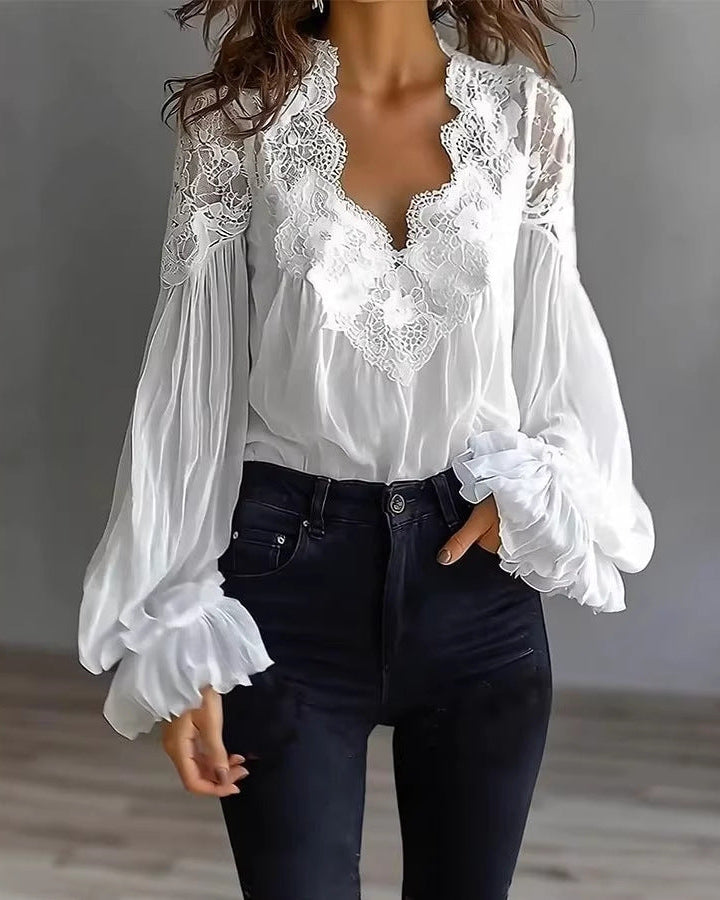 Elegant women's white lace blouse with puffed ruffle sleeves & V-neck, perfect for evening wear & parties.
