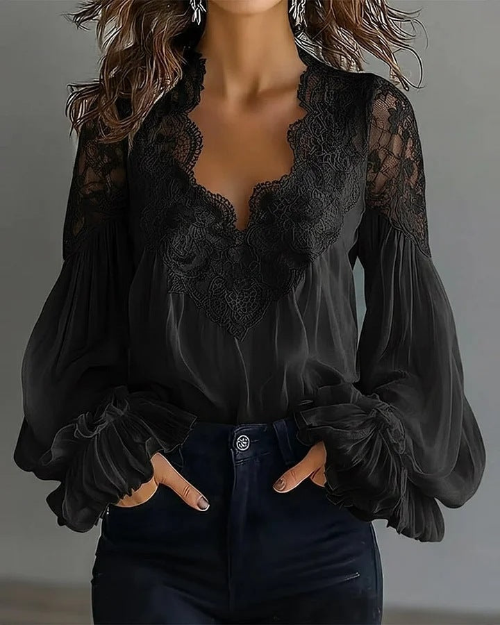 Women's fashion blouse: elegant white lace top with romantic puffed ruffle V-neck long sleeves.