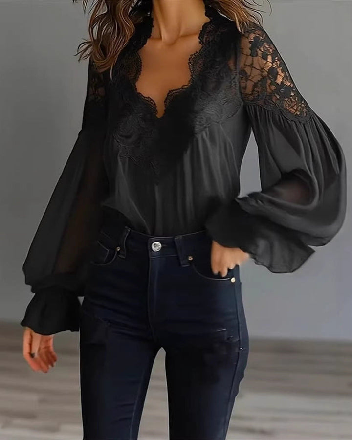 Romantic women's black lace top, an elegant V-neck blouse with sophisticated puffed ruffle long sleeves.