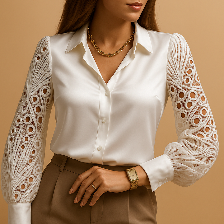 Elegant women's white lace sleeve button-up blouse, perfect for chic workwear or evening formal attire.